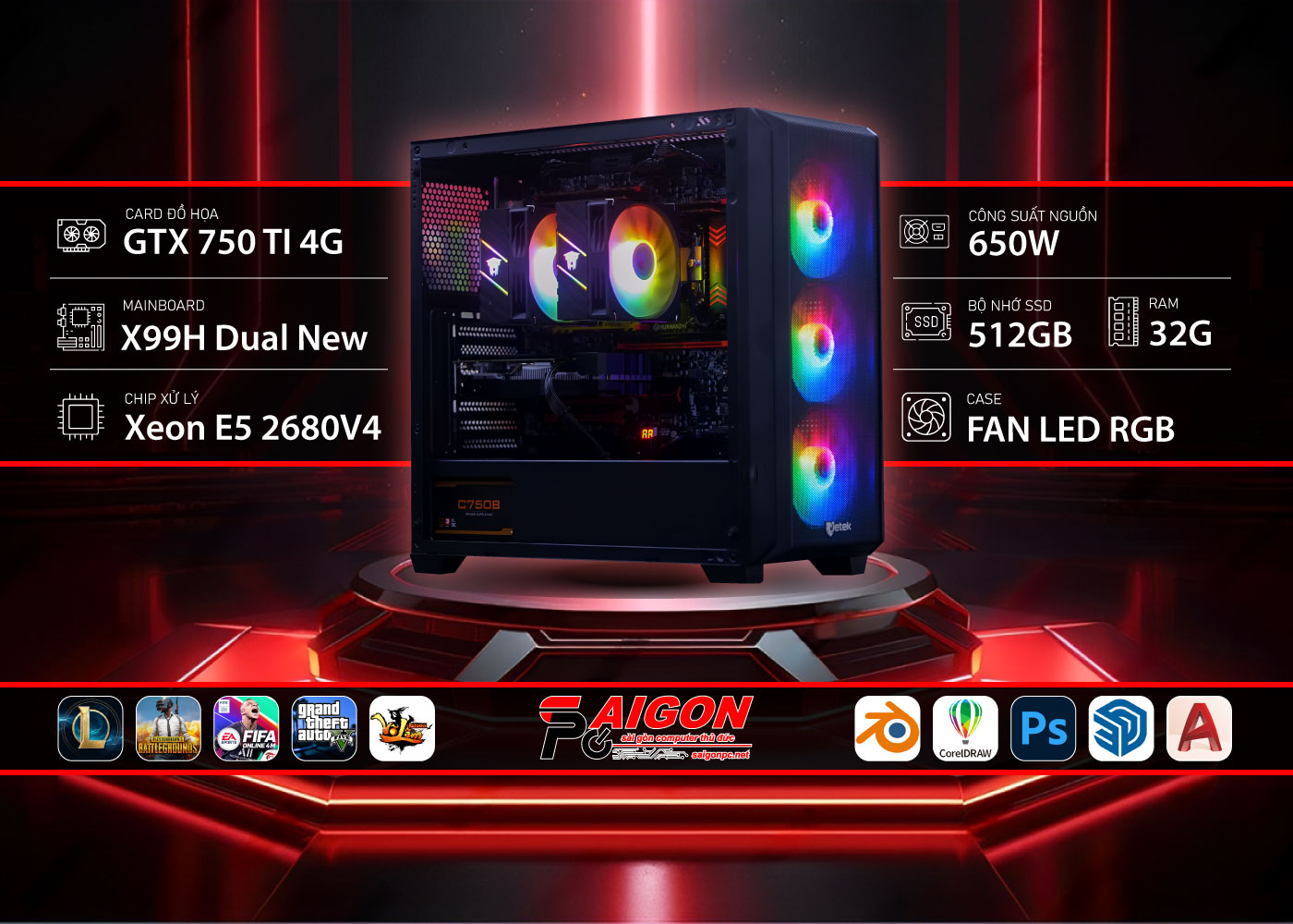 PC Dual Xeon Game Đồ họa Chạy Giả lập Pi Nox 2680V4 / Ram 32G / SSD 512G / vga GTX 4G / 650W