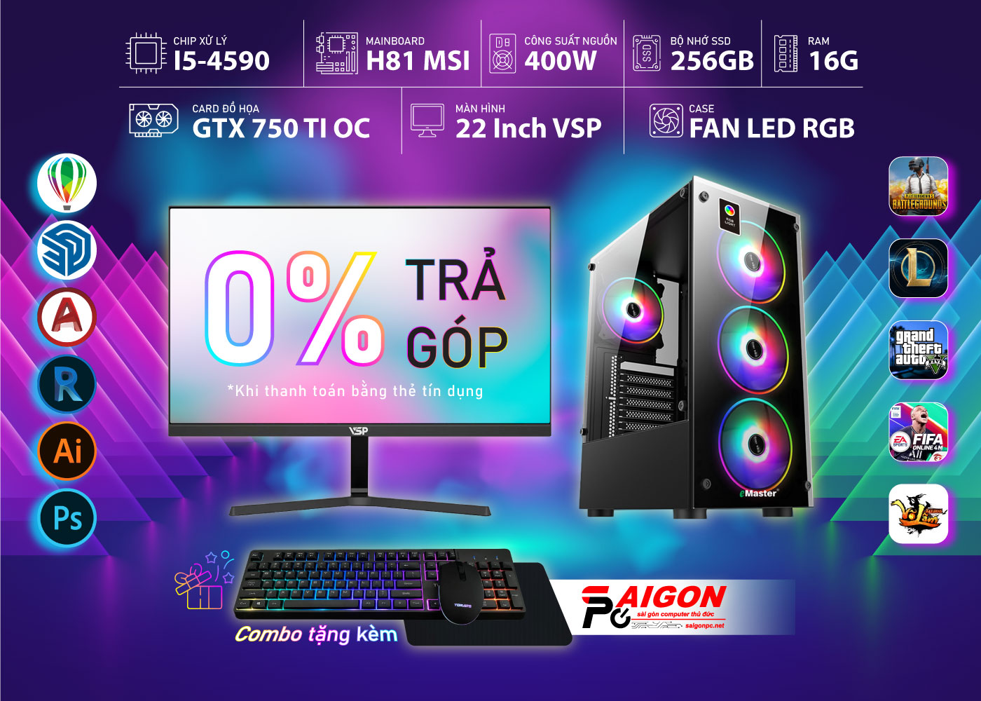 BỘ PC-i5, ram16G, GTX 750Ti, Màn 22inch NEW, Game đồ họa