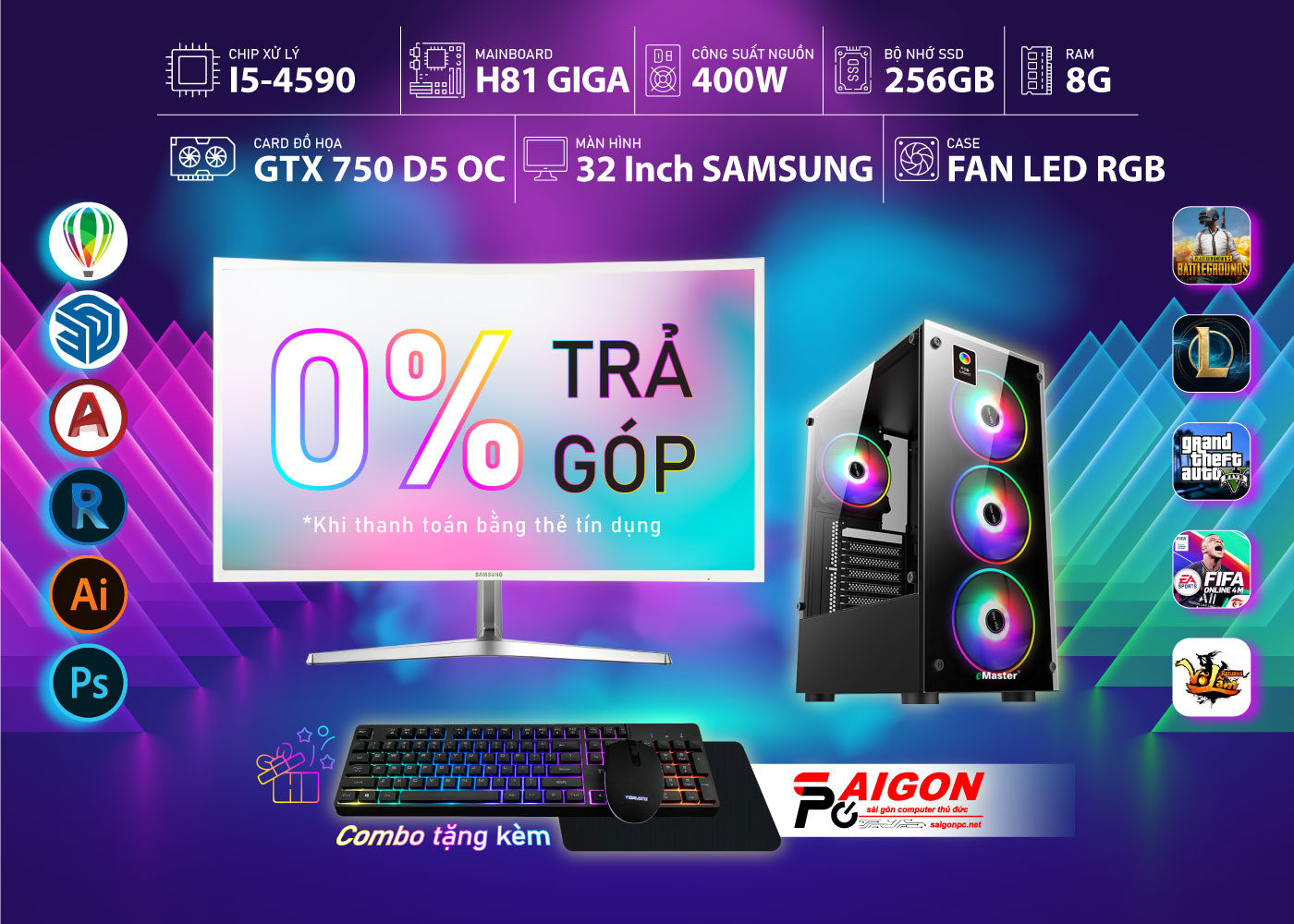 Bộ PC Gaming, Màn 32inch Cong, i5, VgaGTX, SSD, R8G, đồ họa