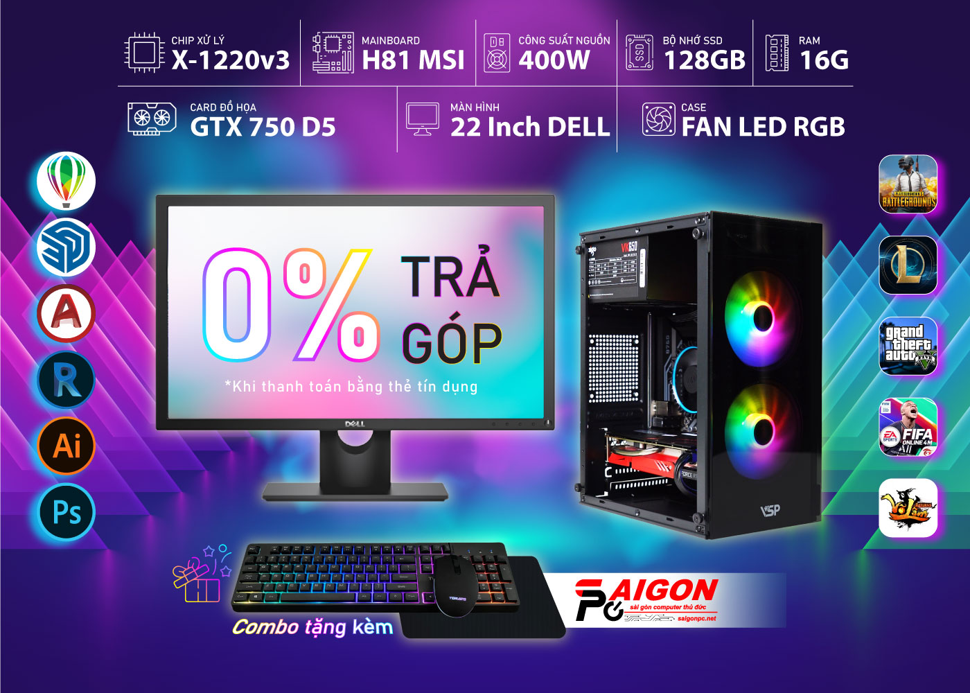 Bộ PC Game, Ram16G, Vga rời GTX, Màn 22inch Game đồ họa