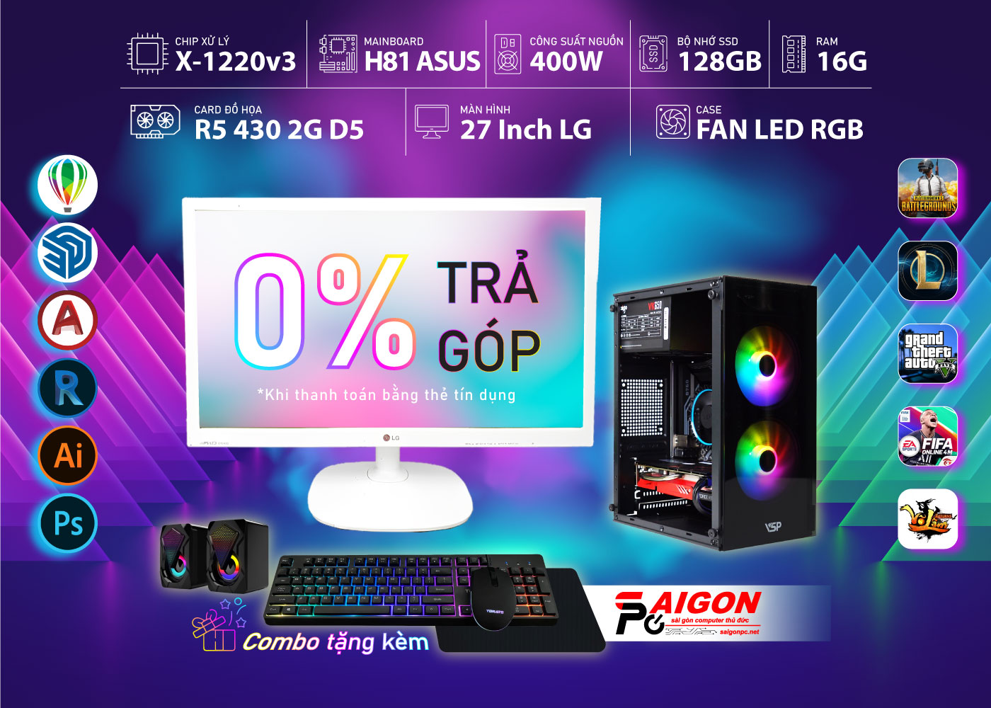 Full PC màn 27inch, Ram 16G, vga rời 2G D5 nhanh mạnh