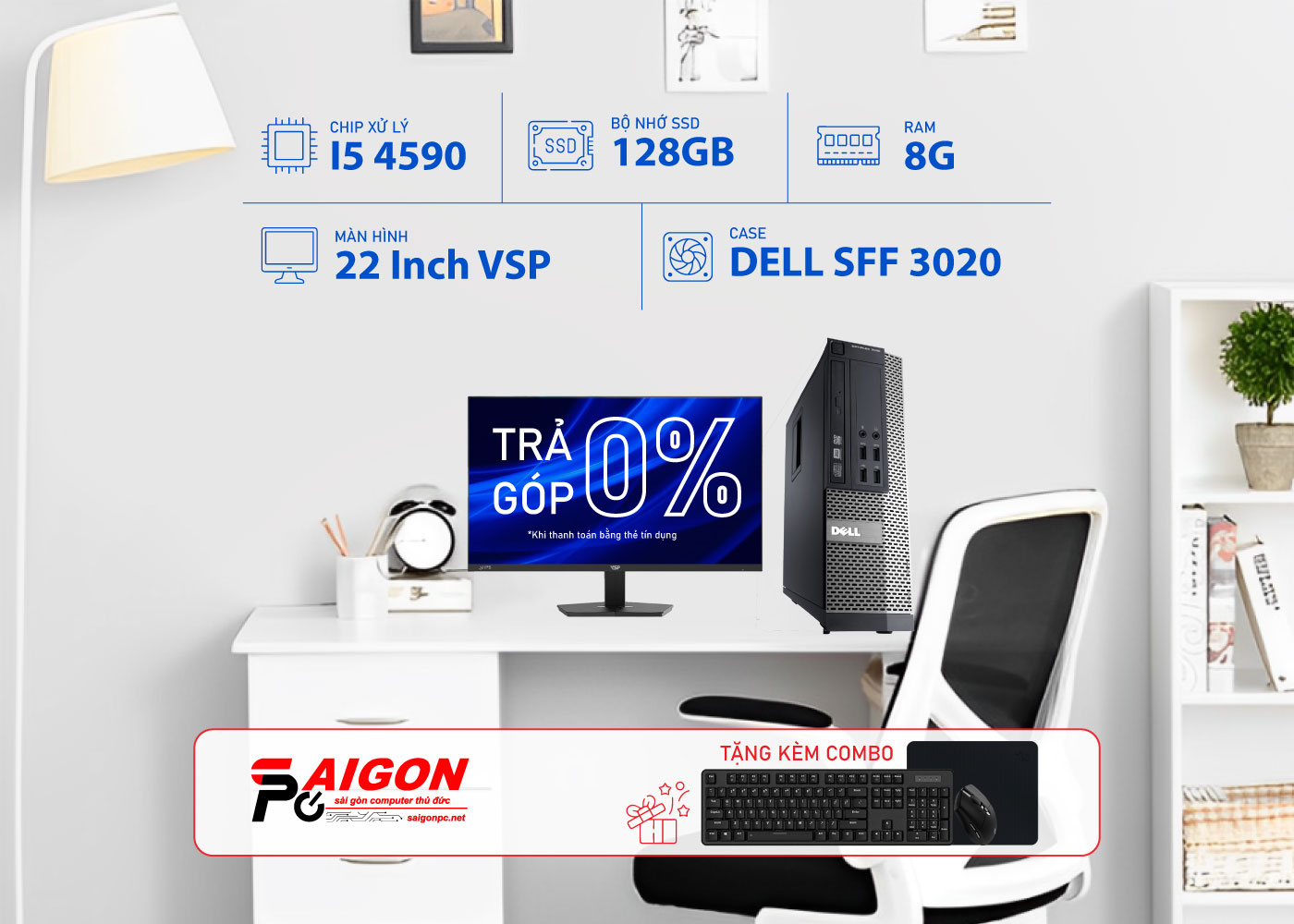 Bộ PC văn Phòng DELL, ram 8G, SSD 128G, Màn 22inch New, Wifi mạnh