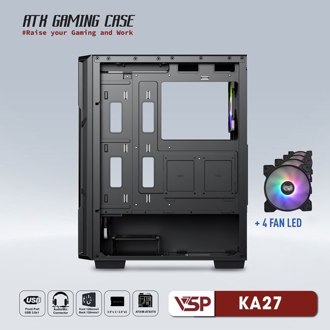 Vỏ Case Máy Tính VSP Gaming KA27 - Đen  + 4 fans Led