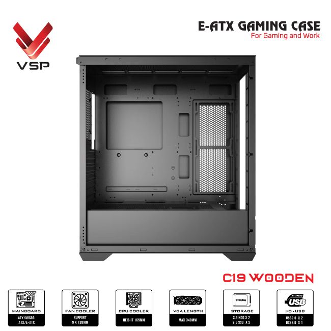 Case VSP E-ATX Gaming C19 Wooden - White