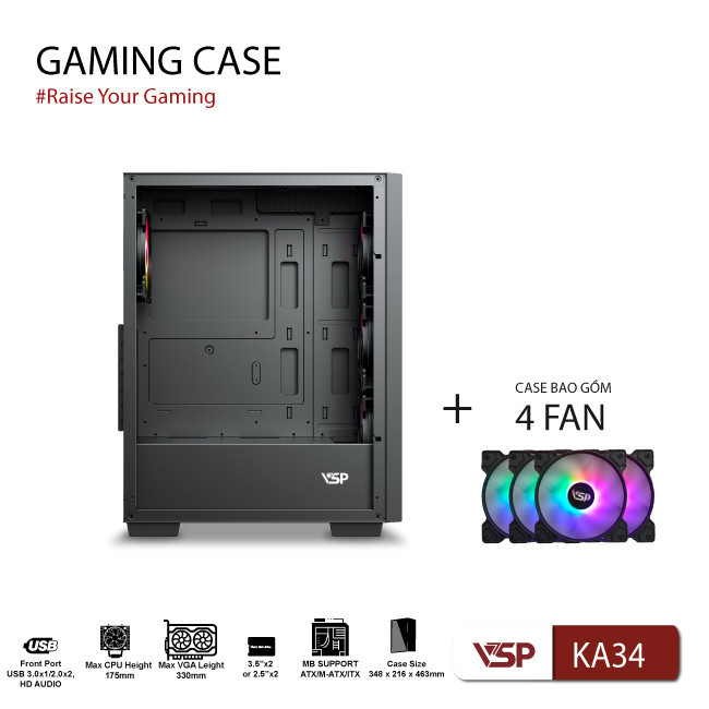 Vỏ Case Máy Tính Gaming KA34 + Kèm 4 fan