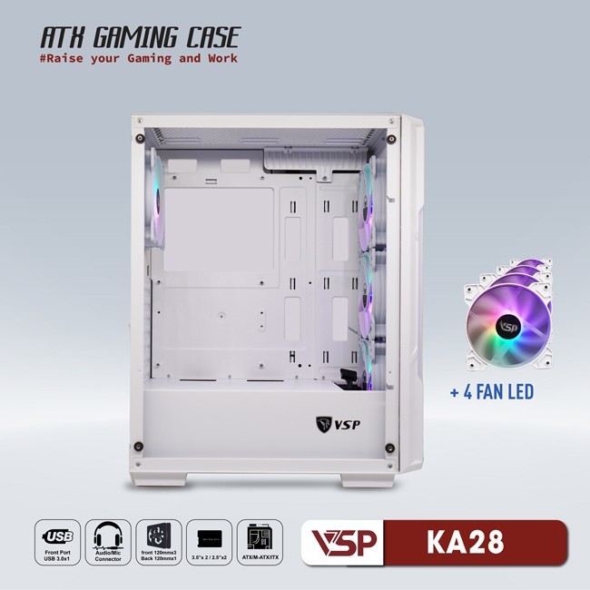 Vỏ Case Máy Tính VSP Gaming KA28 - Trắng + 4fans Led