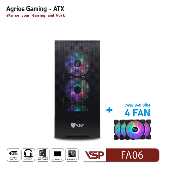 Vỏ Case Máy Tính VSP Gaming FA06- Đen + 4Fans Led