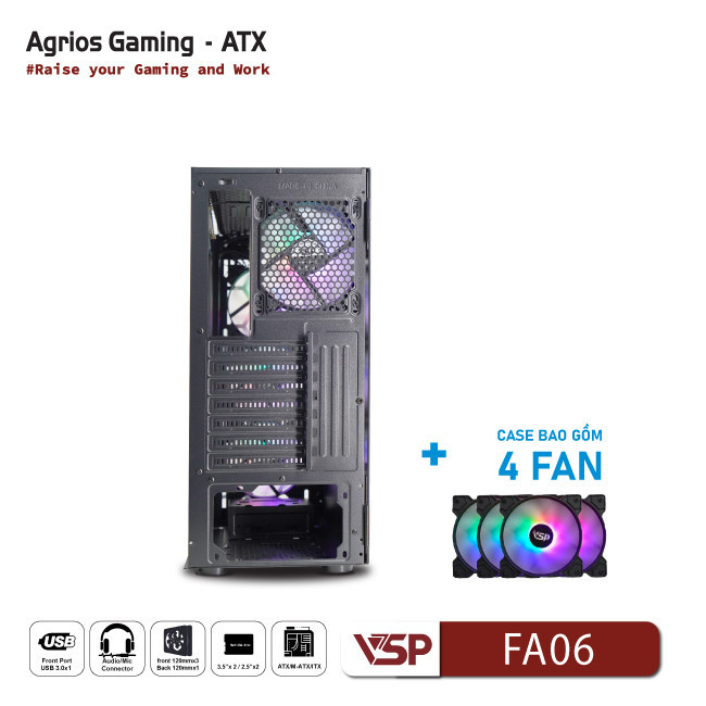 Vỏ Case Máy Tính VSP Gaming FA06- Đen + 4Fans Led