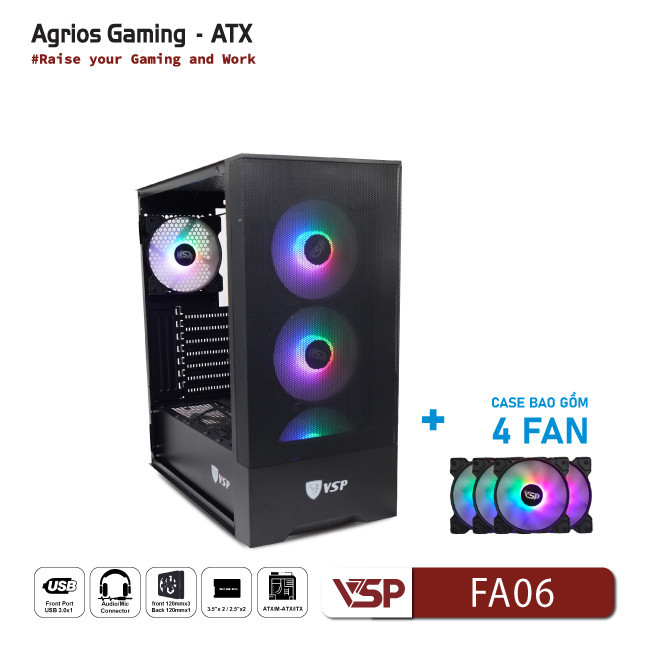 Vỏ Case Máy Tính VSP Gaming FA06- Đen + 4Fans Led