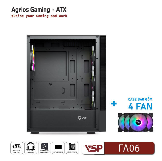 Vỏ Case Máy Tính VSP Gaming FA06- Đen + 4Fans Led