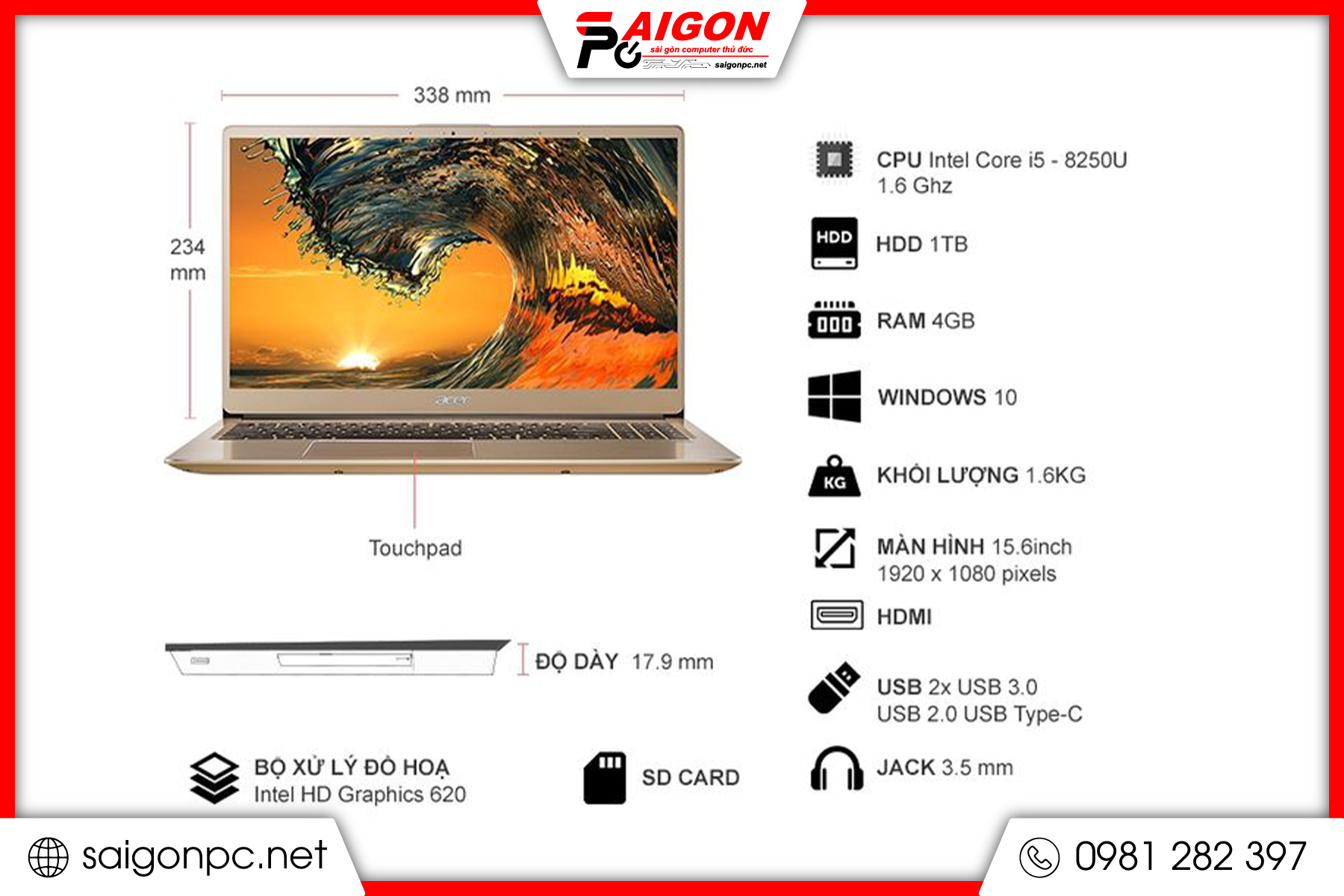 Laptop Acer Swift 3 - 15.6" FHD / i5-8250U / 8GB / 250GB / MX 150 2G - YELLOW