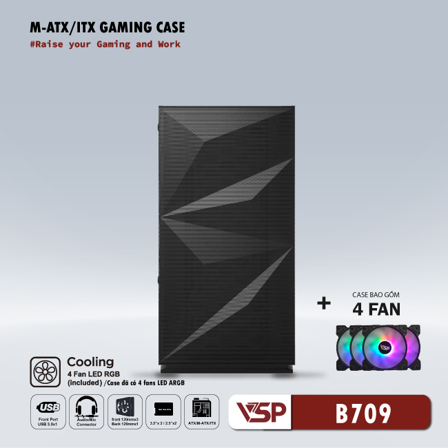 CASE VSP GAMING Mid Tower B709 - Black + 4Fans Led