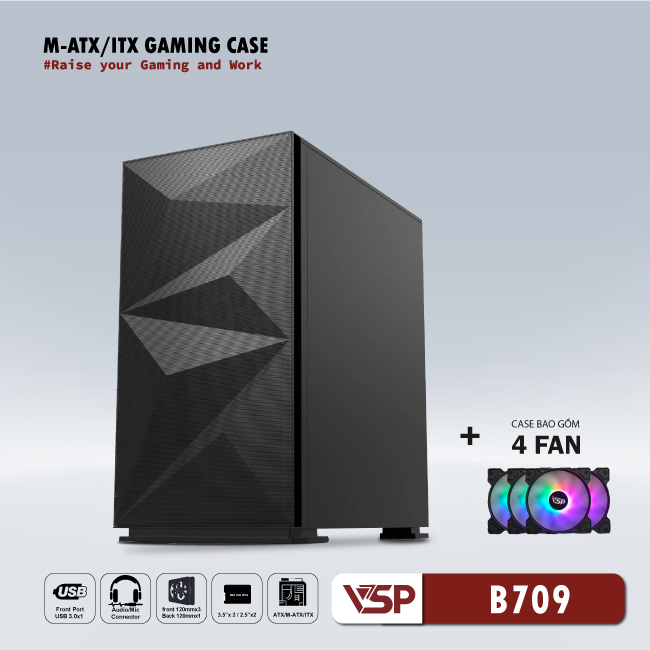 CASE VSP GAMING Mid Tower B709 - Black + 4Fans Led