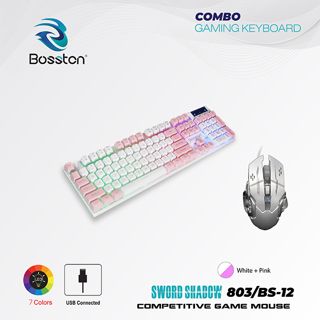 [BEST-SELLING] Combo bàn Phím Giả Cơ Bosston 803 + Mouse Gaming BS12 Ledlight White - Pink