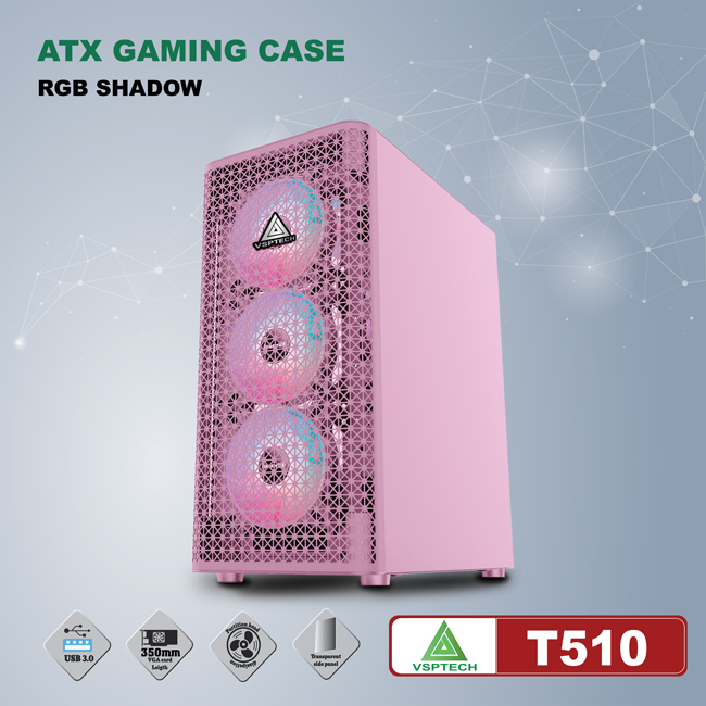 Case VSPTECH ATX Gaming T510 (Pink)