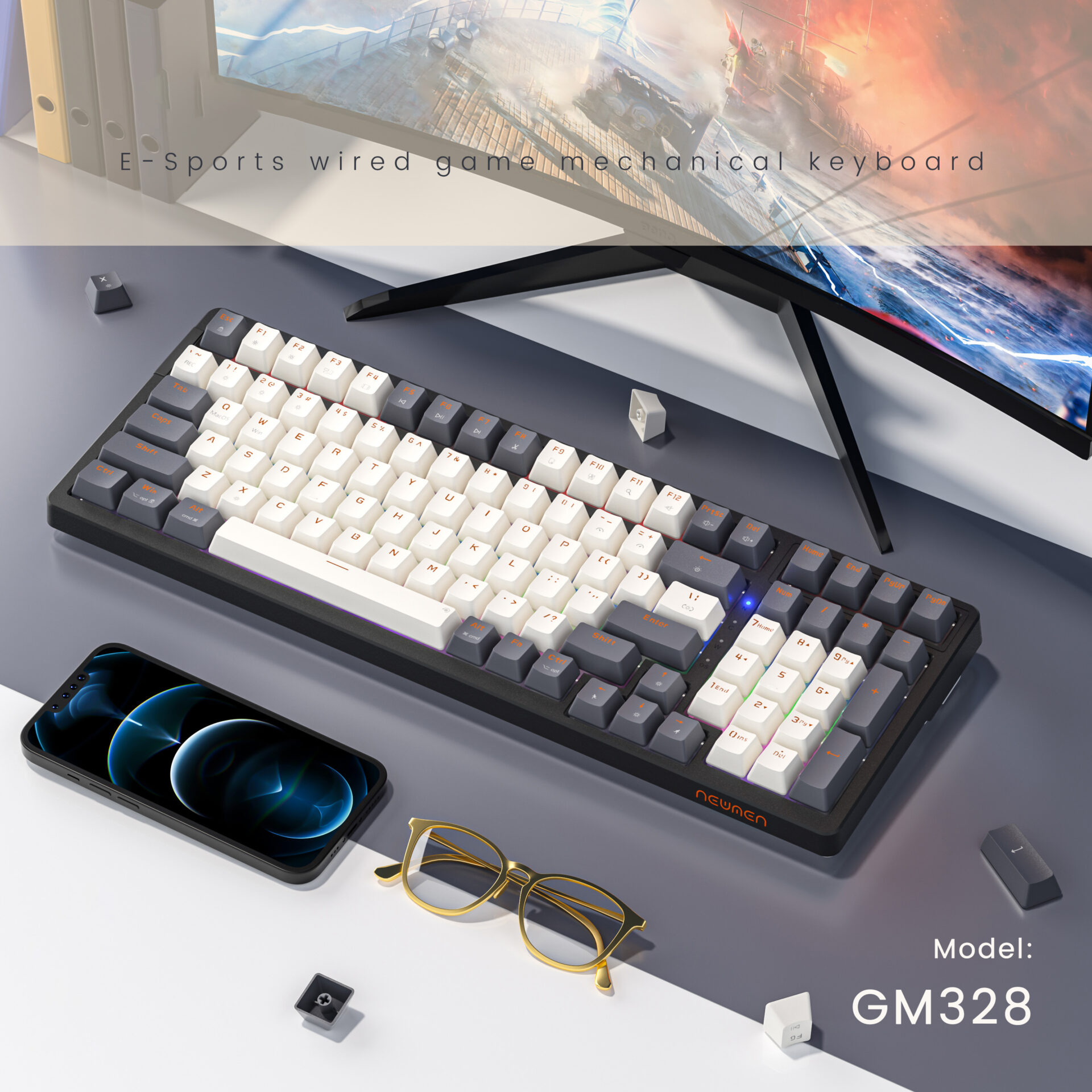 Bàn phím cơ Newmen GM328 Gasket, Hotswap, E-Sports, White -Gray