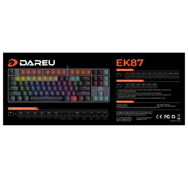 Bàn phím cơ Gaming DAREU EK87 – Black (MULTI-LED, Blue/ Brown/ Red D switch)